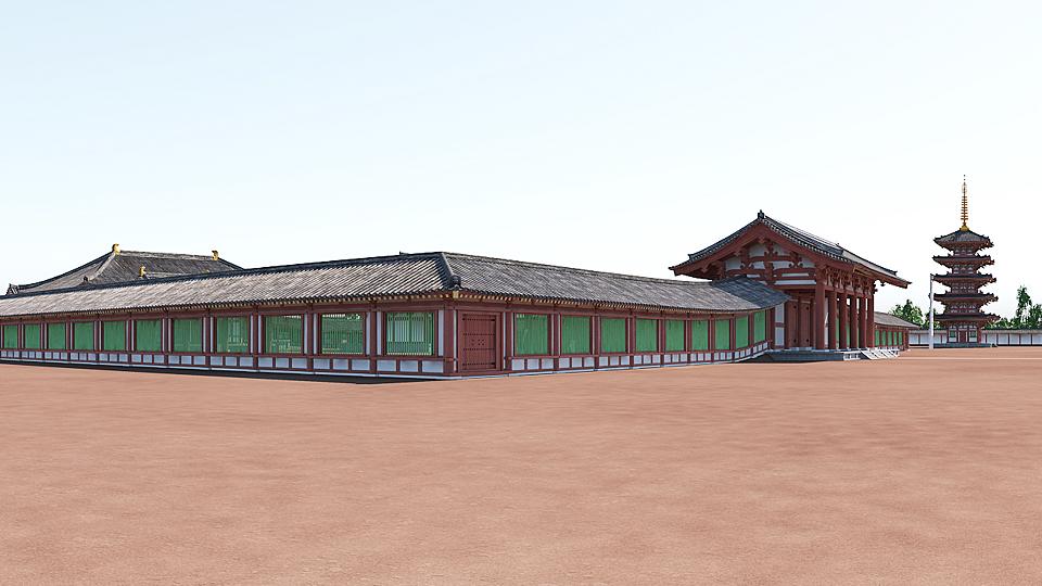下野薬師寺の回廊と中門（再現イメージ）
