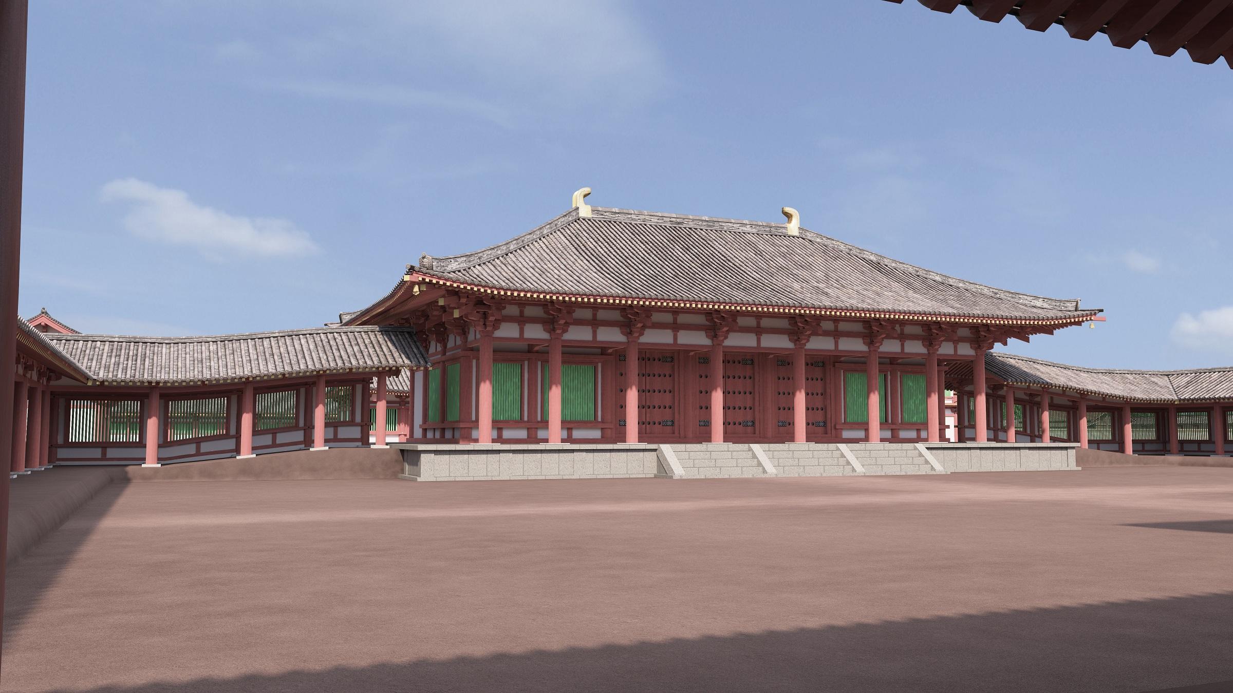 下野国分寺の金堂とそれに繋がる回廊（再現イメージ）